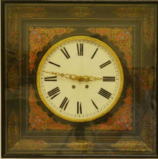Orologio da parete, sec. XIX, con mostra intarsiata in metallo, meccanismo circolare, diam. cm 60