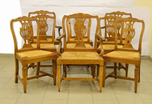 Tre poltroncine e sei sedie, in stile '700, in noce, con spalliere traforate e sedute impagliate ( 9 )