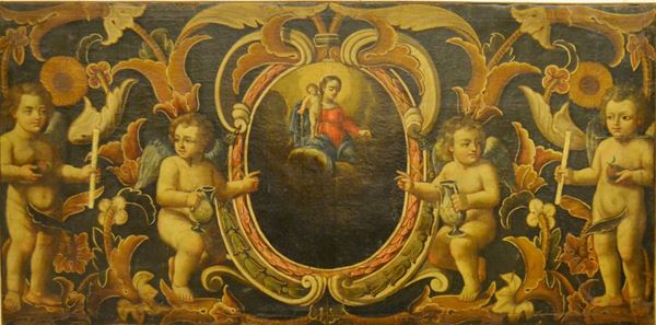 Paliotto, Italia centrale, sec. XVIII,  MADONNA CON BAMBINO E PUTTI,   cm 96x196