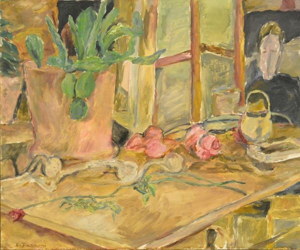 Enzo Faraoni  (Santo Stefano Magra 1920)  INTERNO DI CUCINA CON FIGURA  olio su cartone telato, cm 60x50