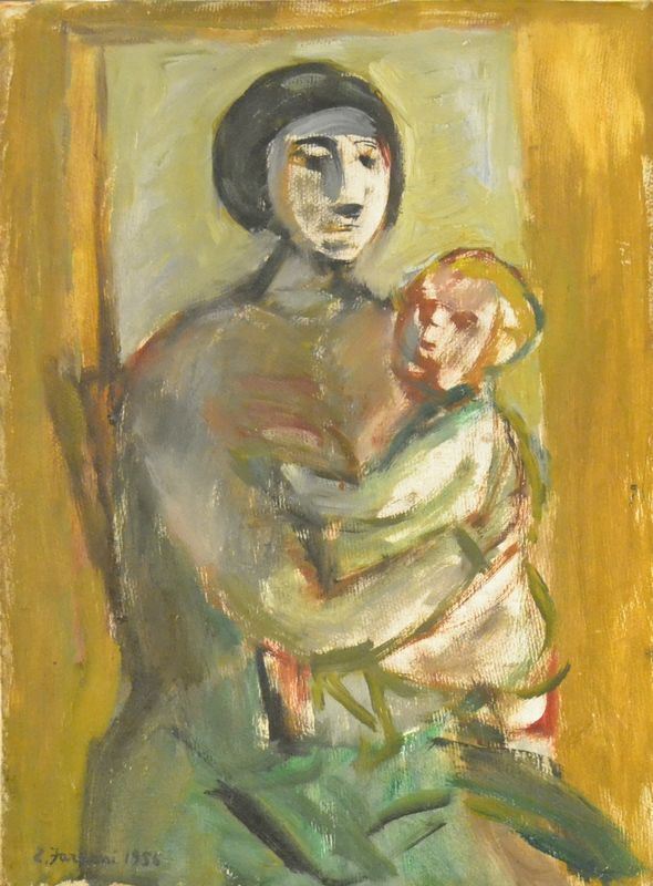 Enzo Faraoni  (Santo Stefano Magra 1920)  MATERNITA'  olio su tavoletta, cm 36,5x49