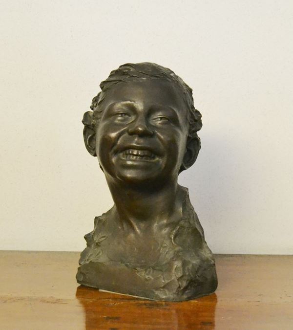 Scultura, sec.XIX, in metallo, BUSTO DI FANCIULLO, alt. cm 33