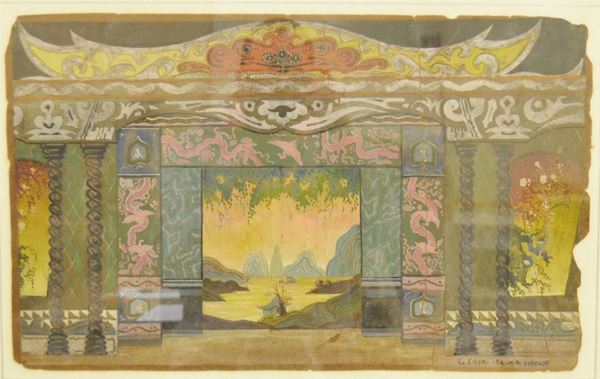 Galileo Chini  (Firenze 1873-1956)  BOZZETTO PER SCENOGRAFIA TEATRALE  tecnica mista su cartone, cm 52x32,5