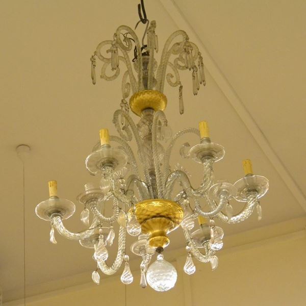 Lampadario, sec. XIX, in vetro, a nove bracci, cm 92x70, difetti e mancanze