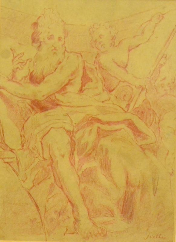Scuola Italiana, sec. XVIII, FIGURA MITOLOGICA, sanguigna su carta, firmata Scotti, cm 19x25,5