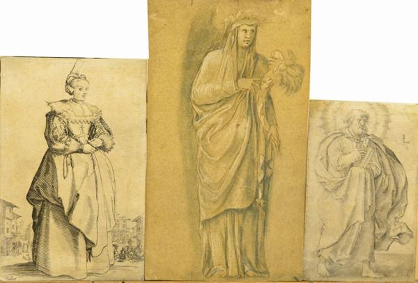 Incisione, sec. XIX, GENTILDONNA, firmata Collat, cm 9x14, incisione, sec. XIX, FIGURA RELIGIOSA, cm 11x7 e disegno, sec. XIX, FIGURA FEMMINILE, cm 18x10