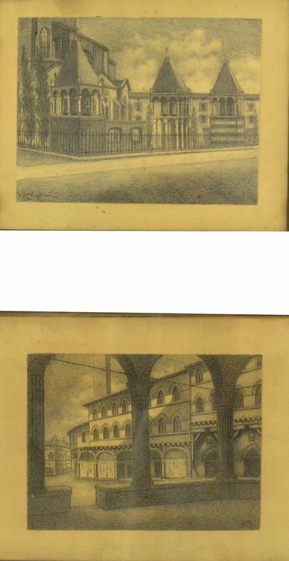 Scuola Tedesca, sec. XIX   STRADE CON CASOLARI  coppia di carboncini, cm 30x23  ( 2 )