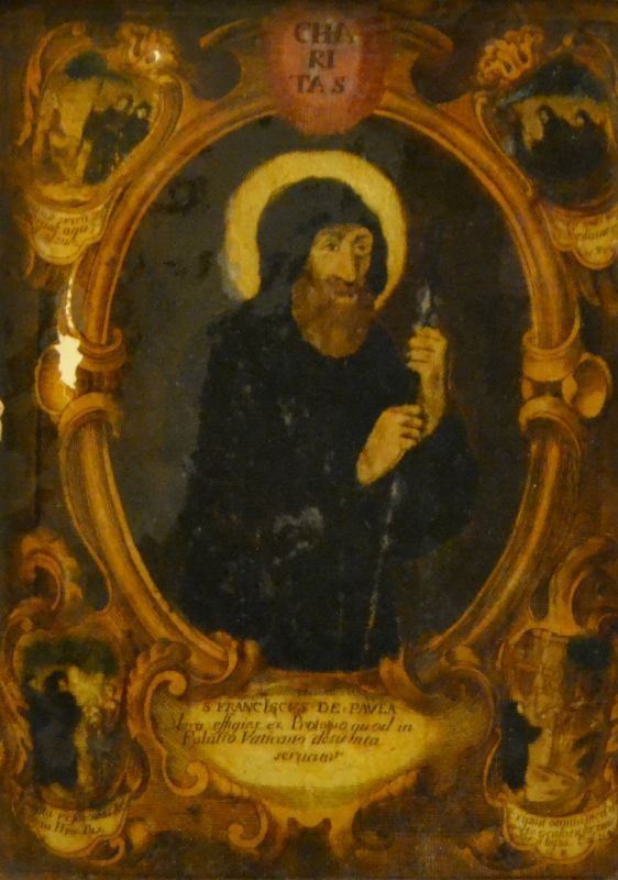 Scuola Italiana, sec. XVIII   SAN FRANCESCO DA PAOLA  dipinto su vetro, cm 20x27, difetti