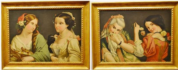 Scuola Italiana, sec. XIX - XX                                               GENTILDONNE                                                                 coppia di dipinti ad olio su tela, cm 60x80                                 (2)