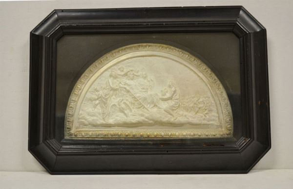Lunetta, sec. XIX, in metallo, raffigurante Ganimede davanti a Zeus, cm     37x26, entro cornice in legno ebanizzato