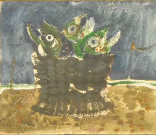 Antonio Possenti (Lucca 1933) PESCI, olio su tavoletta, cm 15,5x13,5  - Asta Gioielli, Design, Mobili, Arredi, Oggetti d'Arte e Dipinti - Poggio Bracciolini Casa d'Aste