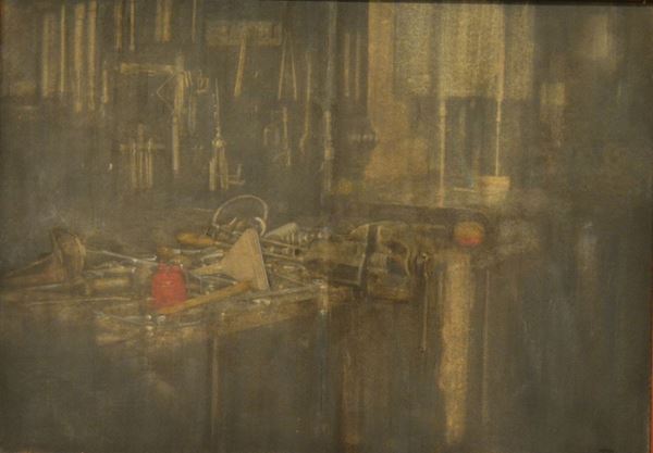 Piero Vignozzi (Viareggio 1934) OFFICINA, olio e tempera su tela, cm 100x140  - Asta Gioielli, Design, Mobili, Arredi, Oggetti d'Arte e Dipinti - Poggio Bracciolini Casa d'Aste
