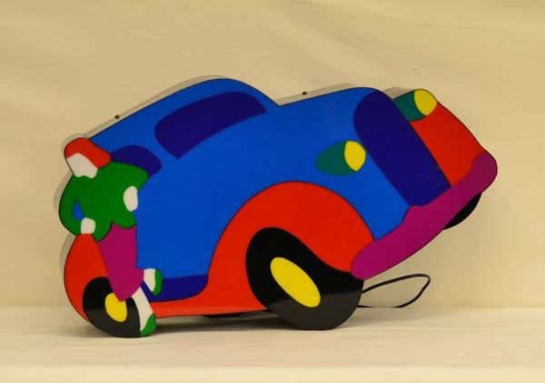 Macchina luminosa, in plexiglass, con applicazione a neon, cm 71x42x12