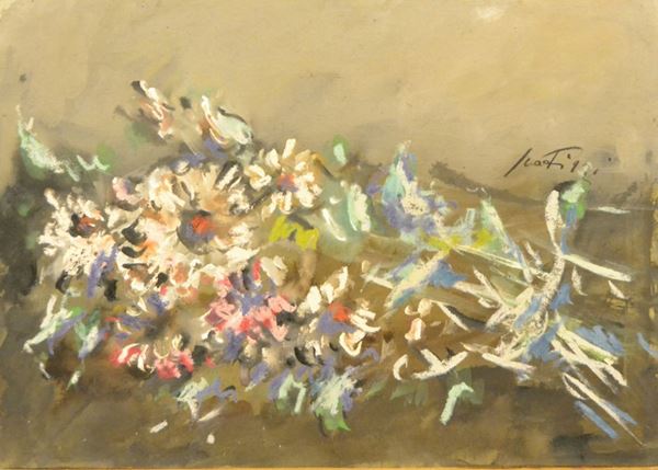 Sergio Scatizzi (1918-2009) FIORI, tecnica mista su tela, cm 46x33  - Asta Gioielli, Design, Mobili, Arredi, Oggetti d'Arte e Dipinti - Poggio Bracciolini Casa d'Aste