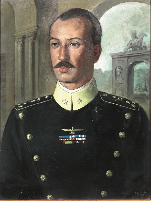 Gino Boccasile (Bari 1901 - 1952) RITRATTO DI UN CAVALLEGGERO ITALIANO olio su tavola , cm 60x45 firmato e datato 45