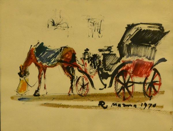 Rodolfo Marma (1923-1998) CALESSE CON CAVALLO acquerello su carta, cm 31x23,5