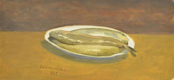 Nino Tirinnanzi (Greve in Chianti 1923-2002) NATURA MORTA CON PESCI, olio su cartone, cm 58x28, datato 1967