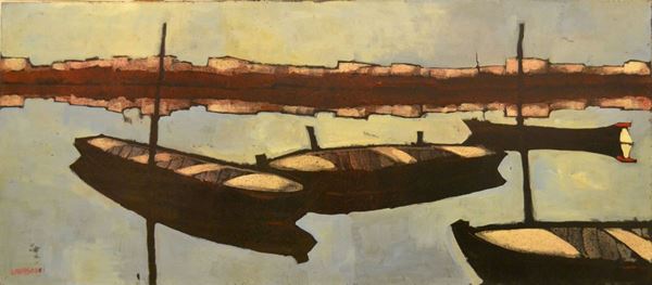 Leonardo Papasogli (Firenze 1929) BARCHE, olio su masonite, cm 102,5x45