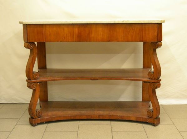 Consolle, Toscana, sec. XIX, in ciliegio, piano in marmo, un cassetto, due sottopiani, gambe sagomate e scanalate, cm 127x56,5x98