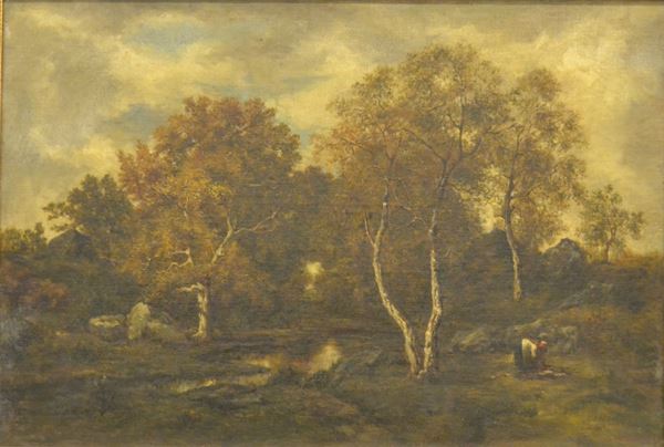 Scuola Francese, sec. XIX, PAESAGGIO, olio su tela, cm 79x54, firmato R. Grosier e datato 1872