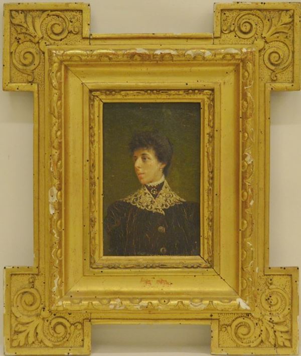 Scuola Italiana, inizi sec. XIX, GENTIL DONNA, olio su tavoletta entro cornice, cm 12x19