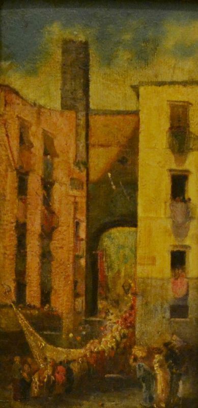 Scuola Italiana, inizi sec. XIX, SCORCIO DI STRADA CON FIGURE, olio su tavoletta, cm 13,5x27,5, firmato sul retro