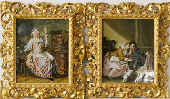 Coppia di dipinti su vetro, sec. XIX, raffiguranti PERSONAGGI, entro cornice, cm 37x43, un vetro rotto