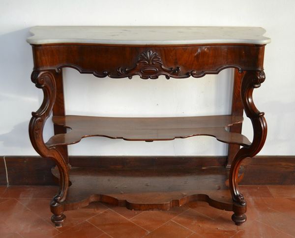 Console, Luigi Filippo, sec. XIX, in noce, piano in marmo, gambe intagliate e mosse, cm 136x57x109