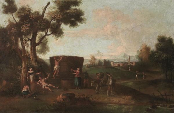 Scuola veneta, sec. XVIII PAESAGGIO CON BACCO E CONTADINI  olio su tela, cm 60x90