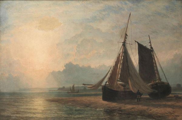 Henry Dawson   (Kingston upon Hull 1811-Chiswick 1878)   ASPETTANDO LA MAREA   olio su tela, cm 50x76   firmato e datato 73