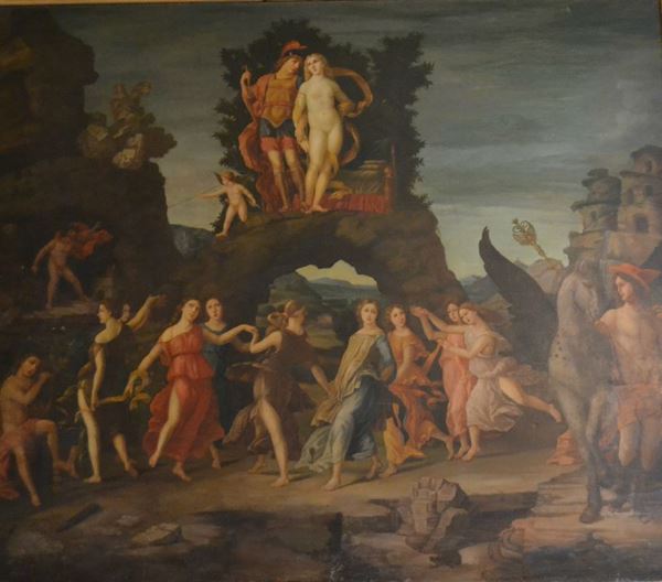 Copia da Andrea Mantegna, IL PARNASO, olio su tela, cm 170x190  - Asta Gioielli, Design, Mobili, Arredi, Oggetti d'Arte e Dipinti - Poggio Bracciolini Casa d'Aste