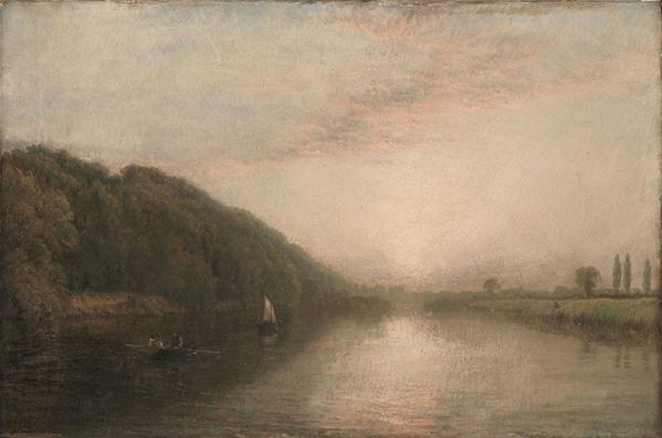 Henry Dawson (Kingston upon Hull 1811  Chiswick 1878)                      VEDUTA DI FIUME AL TRAMONTO                                                  olio su tela, cm 51x77                                                       firmato e datato 65