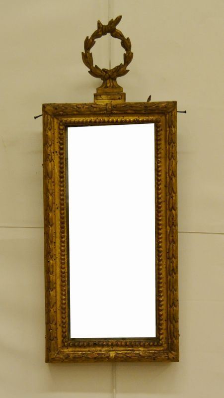 Specchiera, Impero, entro cornice in legno dorato e intagliato a motivi vegetali, cm 26,5x68, difetti