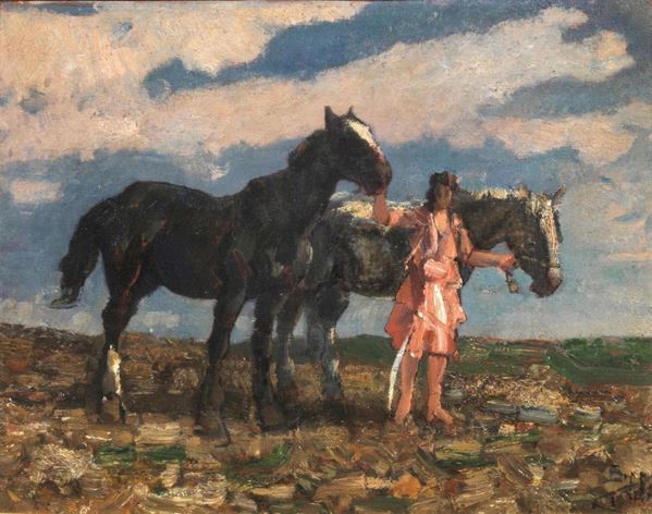 Beppe Ciardi (Venezia 1875 - Quinto di Treviso 1932) CANOVE DI ASIAGO olio su compensato, cm 35x45 firmato sul retro: firmato e titolato