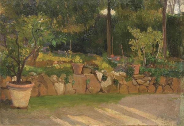 Scuola  Italiana sec. XX    SCORCIO DI GIARDINO                                                          olio su tela riportato su tavoletta, cm 33x48  firma apocrifa
