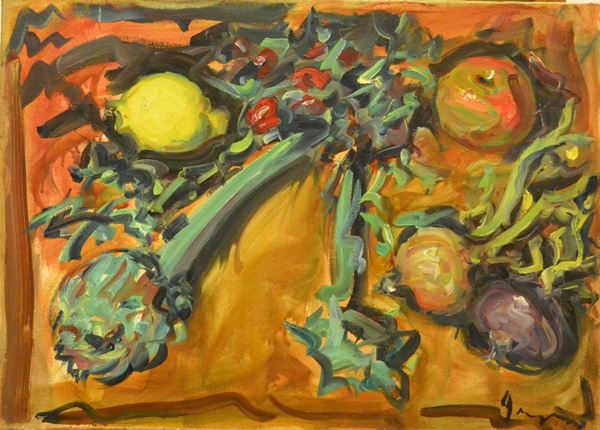 Enzo Pregno ( 1898-1972 ) NATURA MORTA, olio su tela, cm 70x50