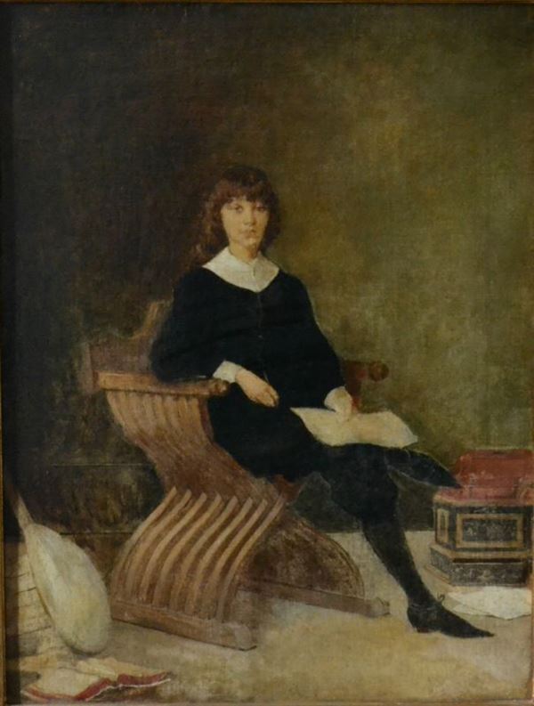 Scuola Italiana, sec. XIX,   FANCIULLA SEDUTA   olio su tela, cm 59x44
