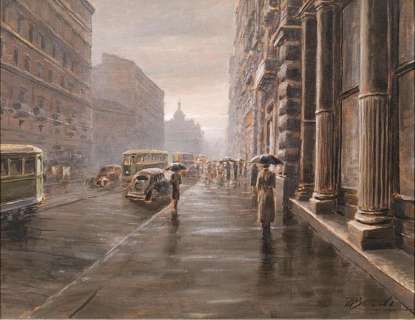 Mario Bordi           (Firenze 1896 - 1980)                                                        MILANO, VIA DANTE                                                            olio su tavoletta, cm 34x43,5                                                firmato