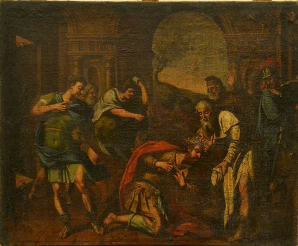 Scuola Italiana, sec. XVIII,   SCENA SACRA,   olio su tela, cm 70x82