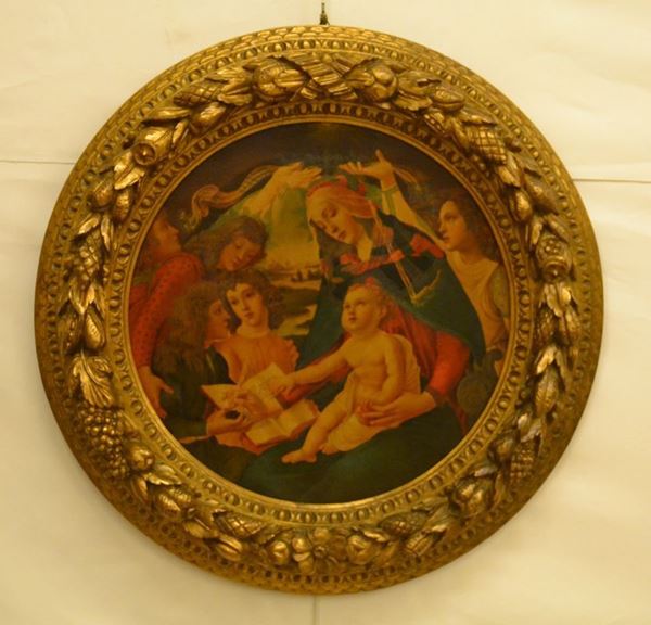 Oleografia, sec. XX, INCORONAZIONE DELLA VERGINE, da Botticelli, entro cornice circolare in legno dorato e intagliato, diam. cm 75