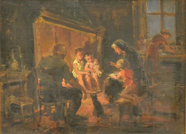 Ovidio Gragnoli (1893-1953) FOCOLARE DOMESTICO olio su tavoletta, cm 62x46 datato 1945  - Asta Gioielli, Design, Mobili, Arredi, Oggetti d'Arte e Dipinti - Poggio Bracciolini Casa d'Aste
