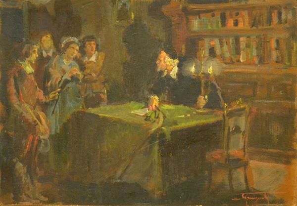 Ovidio Gragnoli (1893-1953) INTERNO CON FIGURE olio su cartone, cm 50x35