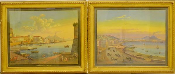 Scuola Napoletana, inizi sec. XX VEDUTA DI SANTA LUCIA A NAPOLI e VEDUTA DI NAPOLI DA BARGELLINA coppia di guasche, cm 73x57,5 ( 2 )