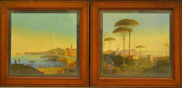 Scuola Napoletana, inizi sec. XX NAPOLI DALLA COLLINA e IL VECCHIO MOLO  coppia di guasche, cm 47x43 ( 2 )