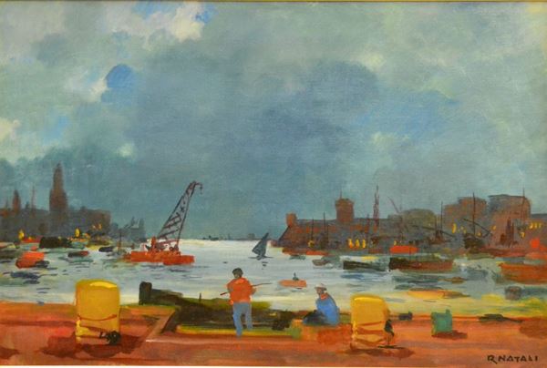 Renato Natali (Livorno 1883-1979) VECCHIO PORTO A LIVORNO olio su tela, cm 60x40 corredato di autentica dell'artista