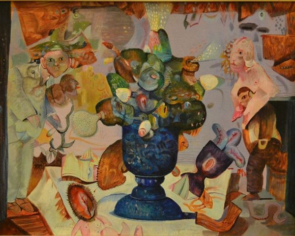 Antonio Possenti (Lucca 1933) VASO CON FIGURE E VOLATILI olio su cartone telato, cm 50x40