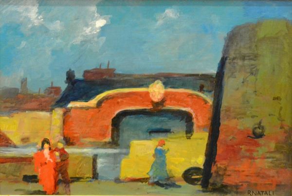 Renato Natali (Livorno 1883-1979) PONTE ALLA SASSAIA olio su tavoletta, cm 47x32 correlato di autentica dell'artista