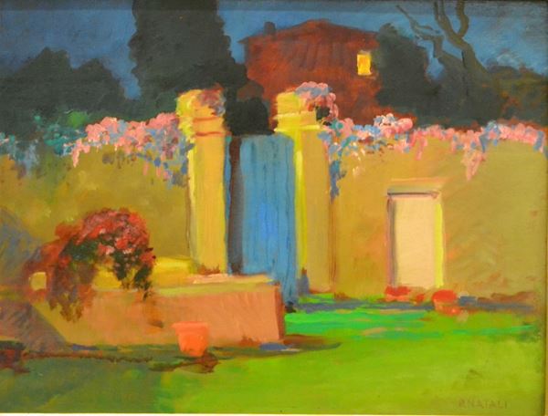 Renato Natali (Livorno 1883-1979) MIO GIARDINO DI NOTTE olio su tavoletta, cm 40x30 corredato di autentica dell'artista