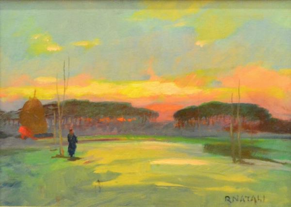 Renato Natali (Livorno 1883-1979) PAESAGGIO CON FIGURE olio su tavoletta, cm 27,5x20