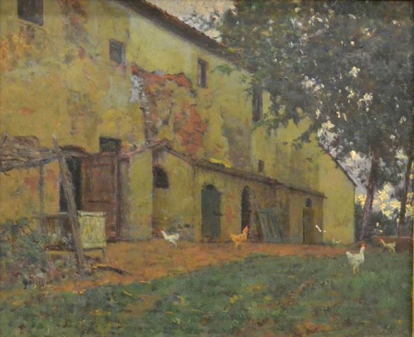 Giorgio Kienerk (Firenze 1869-Fauglia 1948) VECCHIA CASA DI CONTADINI olio su tavoletta, cm 36x30